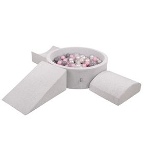 KiddyMoon Aire De Jeux en Mousse avec Rond Piscine à Balles pour Enfants, gris clair: perle/gris/transparent/rose poudré, Piscine (200 Balles) + Version 4