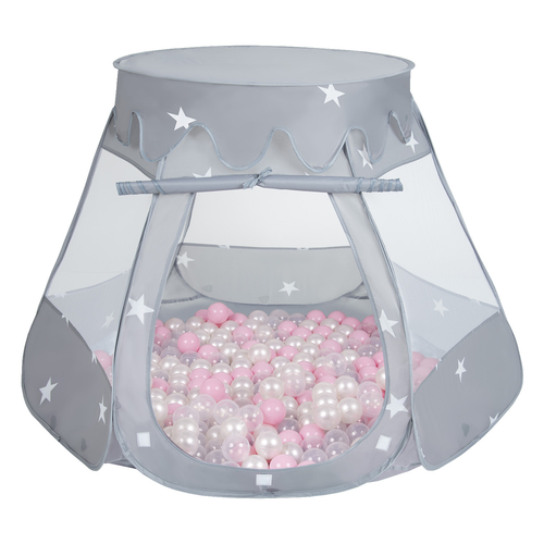 Tente Château Pour Enfants Tente de Jeu Avec Balles Colorées Jouet Cabane Pop-up Château Facile À Monter Maison de Jeu Pour Intérieur et Extérieur, gris:rose poudré/perle/transparent, 105x90cm/300 balles