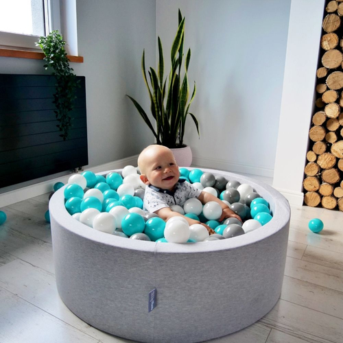 KiddyMoon Piscine à Balles ∅ 7Cm pour Bébé Carré Fabriqué En UE, gris clair: gris/blanc/turquoise