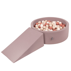 KiddyMoon Aire De Jeux en Mousse avec Rond Piscine à Balles pour Enfants, bruyère: beige pastel/saumon/blanc, Piscine (100 Balles)+ Pente