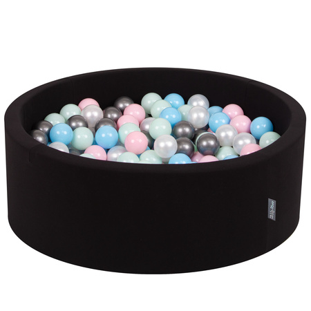 KiddyMoon Piscine à Balles ∅ 7Cm pour Bébé Rond Fabriqué En UE, noir: perle/rose poudré/babyblue/menthe/argenté, 90x30cm/200 balles