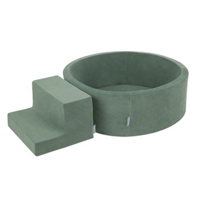 KiddyMoon Aire Velvet De Jeux en Mousse avec Rond Piscine à Balles pour Enfants, vert forêt: turquoise foncé/beige pastel/gris de vert/saumon, Piscine (100 Balles) + Marches