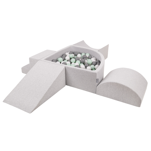 KiddyMoon Aire De Jeux en Mousse avec Quart Angulaire Piscine À Balles pour Bébé, gris clair: blanc/gris/menthe, Piscine (200 Balles) + Version 5
