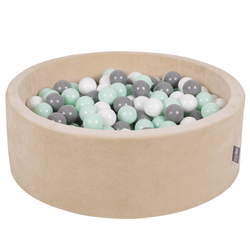 KiddyMoon Velours Piscine à Balles ∅7Cm pour Bébé Rond Fabriqué en EU, beige sableux: blanc/gris/menthe, 90x30cm/200 Balles