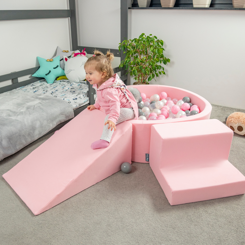 KiddyMoon Piscine à Balles ∅ 7Cm pour Bébé Rond Fabriqué En UE, rose: blanc/gris/rose poudré, 90x30cm/300 balles