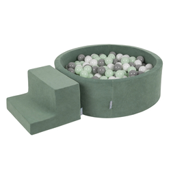 KiddyMoon Aire Velvet De Jeux en Mousse avec Rond Piscine à Balles pour Enfants, vert forêt: blanc/gris/menthe, Piscine (100 Balles) + Marches