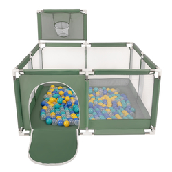 parc bébé avec balles plastiques aire de jeu pliable basket, vert : turquoise/bleu/jaune/transparent, 200 balles