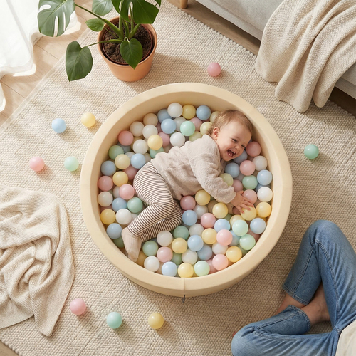 KiddyMoon Piscine À Balles ∅ 7Cm pour Bébé Rond Fabriqué en UE, beurré: vert-gris/jaune pastel/brun/blanc, 90x30cm/300 Balles