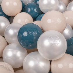 KiddyMoon Balles Colorées Plastique ∅7cm pour Piscine Enfant Bébé Fabriqué en EU, turquoise foncé/beige pastel/perle
