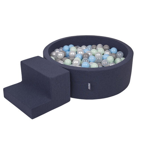 KiddyMoon Aire De Jeux en Mousse avec Rond Piscine à Balles pour Enfants, bleu foncé:perle/gris/transparent/babyblue/menthe, Piscine (200 Balles)+ Marches