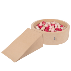 KiddyMoon Aire Velvet De Jeux en Mousse avec Rond Piscine à Balles pour Enfants, beige sableux: beige pastel/rose poudré/perle/rose foncé, Piscine (100 Balles)+ Pente