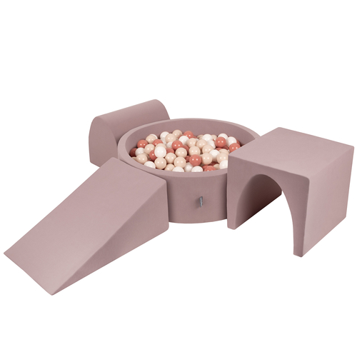 KiddyMoon Aire De Jeux en Mousse avec Rond Piscine à Balles pour Enfants, bruyère: beige pastel/saumon/blanc, Piscine (300 Balles) + Version 2