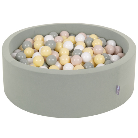 KiddyMoon Piscine à Balles ∅ 7Cm pour Bébé Rond Fabriqué En UE, sauge : beige pastel/vert de gris/jaune pastel/blanc, 90x30cm/200 balles