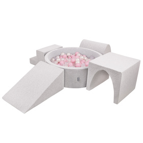 KiddyMoon Aire De Jeux en Mousse avec Rond Piscine à Balles pour Enfants, gris clair: rose poudré/perle/transparent, Piscine (200 Balles) + Version 3