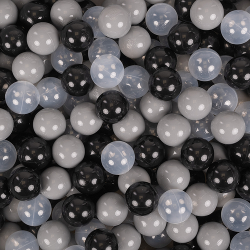 KiddyMoon Balles Colorées Plastique ∅7cm pour Piscine Enfant Bébé Fabriqué en EU, noir/gris/transparent, 200 Balles/7cm