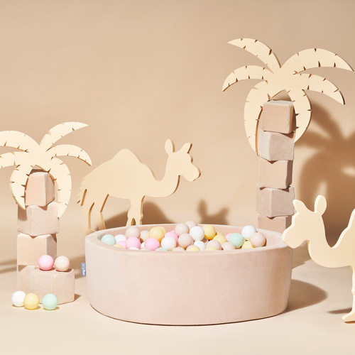 KiddyMoon Velours Piscine à Balles ∅7Cm pour Bébé Rond Fabriqué en EU, beige sableux: beige pastel/jaune pastel/blanc/menthe/ rose poudré, 90x30cm/300 Balles