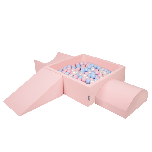 KiddyMoon Aire De Jeux en Mousse avec Carré Piscine À Balles pour Enfants, rose:babyblue/rose poudre/perle, Piscine (300 Balles) + Version 4