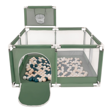 parc bébé avec balles plastiques aire de jeu pliable basket, vert : turquoise foncé/beige pastel/perle, 400 balles