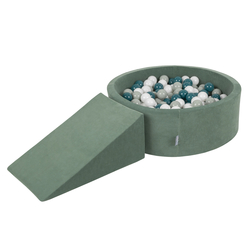 KiddyMoon Aire Velvet De Jeux en Mousse avec Rond Piscine à Balles pour Enfants, vert forêt: turquoise foncé/gris de vert/blanc, Piscine (200 Balles) + Pente
