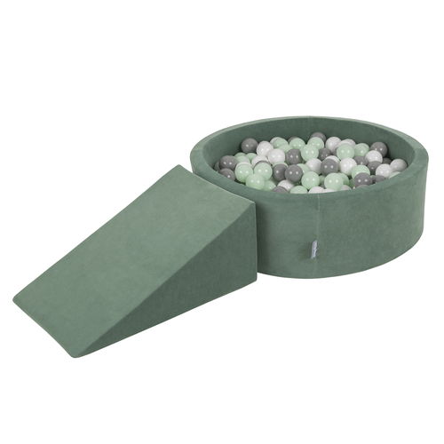 KiddyMoon Aire Velvet De Jeux en Mousse avec Rond Piscine à Balles pour Enfants, vert forêt: blanc/gris/menthe, Piscine (200 Balles) + Pente