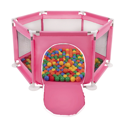 parc bébé hexagonal pliable avec balles plastiques, Rose:jaune/vert/bleu/rouge/orange, 100 balles