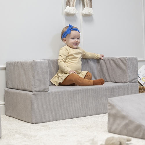 KiddyMoon Canapé en Mousse pour Enfants avec Balles Pour chambre d'enfant Léger Modulable Confortable Housse Amovible Parfait pour Jouer Lire et Se Détendre, gris clair, Canapé