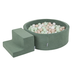 KiddyMoon Aire Velvet De Jeux en Mousse avec Rond Piscine à Balles pour Enfants, vert forêt: pastel beige/blanc/menthe, Piscine (100 Balles) + Marches