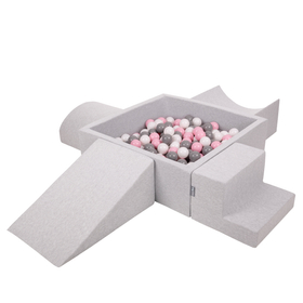KiddyMoon Aire De Jeux en Mousse avec Carré Piscine À Balles pour Enfants, gris clair: blanc/gris/rose poudré, Piscine (200 Balles) + Version 5