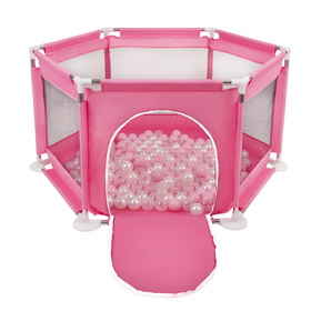 parc bébé hexagonal pliable avec balles plastiques, Rose:rose poudré/perle/transparent, 200 balles