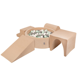 KiddyMoon Aire Velvet De Jeux en Mousse avec Rond Piscine à Balles pour Enfants, beige sableux: blanc/gris/menthe, Piscine (200 Balles) + Version 3