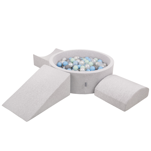 KiddyMoon Aire De Jeux en Mousse avec Rond Piscine à Balles pour Enfants, gris clair: perle/gris/transparent/babyblue/menthe, Piscine (300 Balles) + Version 4