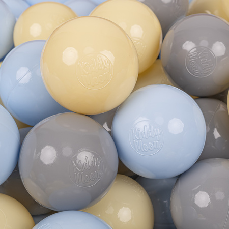 KiddyMoon Balles Colorées Plastique ∅7cm pour Piscine Enfant Bébé Fabriqué en EU, bleu pastel/jaune pastel/gris, 100 Balles/7cm