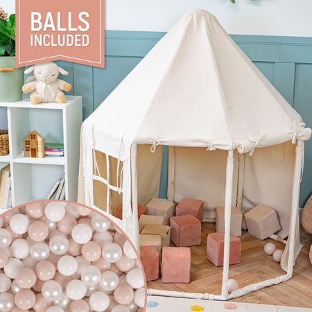 KiddyMoon Tente de Jeu Maison Pour Enfants En Forme De Pavillon De Jeu Pliable Tente Pop-Up Espace De Jeu Spacieux Et Confortable En Intérieur Et Extérieur, naturel: beige pastel/blanc/perle, 100 Balles