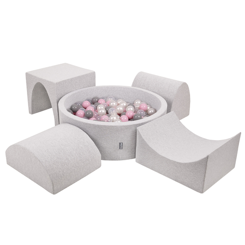 KiddyMoon Aire De Jeux en Mousse avec Rond Piscine à Balles pour Enfants, gris clair: perle/gris/transparent/rose poudré, Piscine (200 Balles) + Version 1