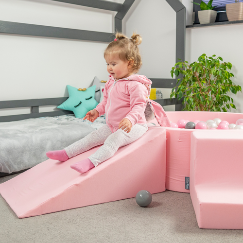 KiddyMoon Aire De Jeux en Mousse avec Rond Piscine à Balles pour Enfants, rose: beige pastel/jaune pastel/blanc/menthe/rose poudré, Piscine (200 Balles) + Pente