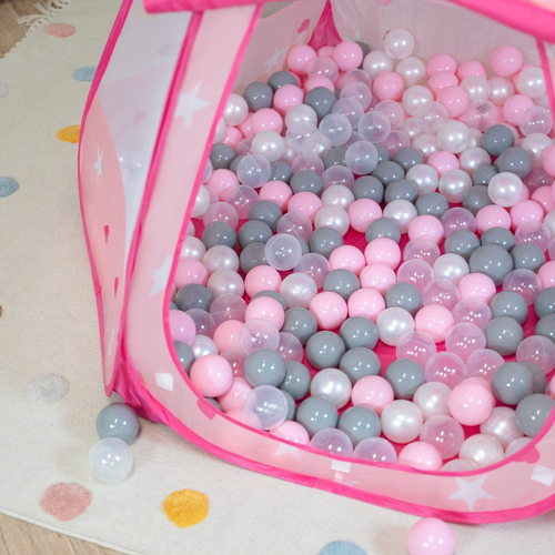 Tente Château Pour Enfants Tente de Jeu Avec Balles Colorées Jouet Cabane Pop-up Château Facile À Monter Maison de Jeu Pour Intérieur et Extérieur, rose: perle-gris-transparent-rose poudré, 105x90cm/600 balles