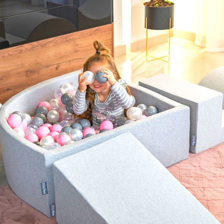 KiddyMoon Aire De Jeux en Mousse avec Quart Angulaire Piscine À Balles pour Bébé, gris clair: rose poudré/perle/transparent, Piscine (100 Balles) + Marches