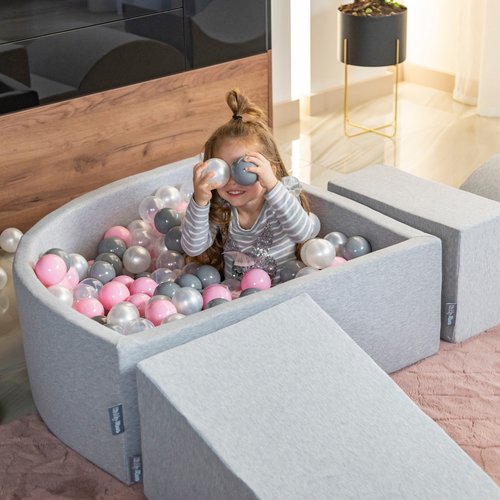 KiddyMoon piscine à balles ronde en mousse pour bébé et enfant, bassin sensoriel intérieur, housse lavable, inclus balles sécurisées, Béruée: beige pastel/blanc/perle, 90x30cm/200 balles