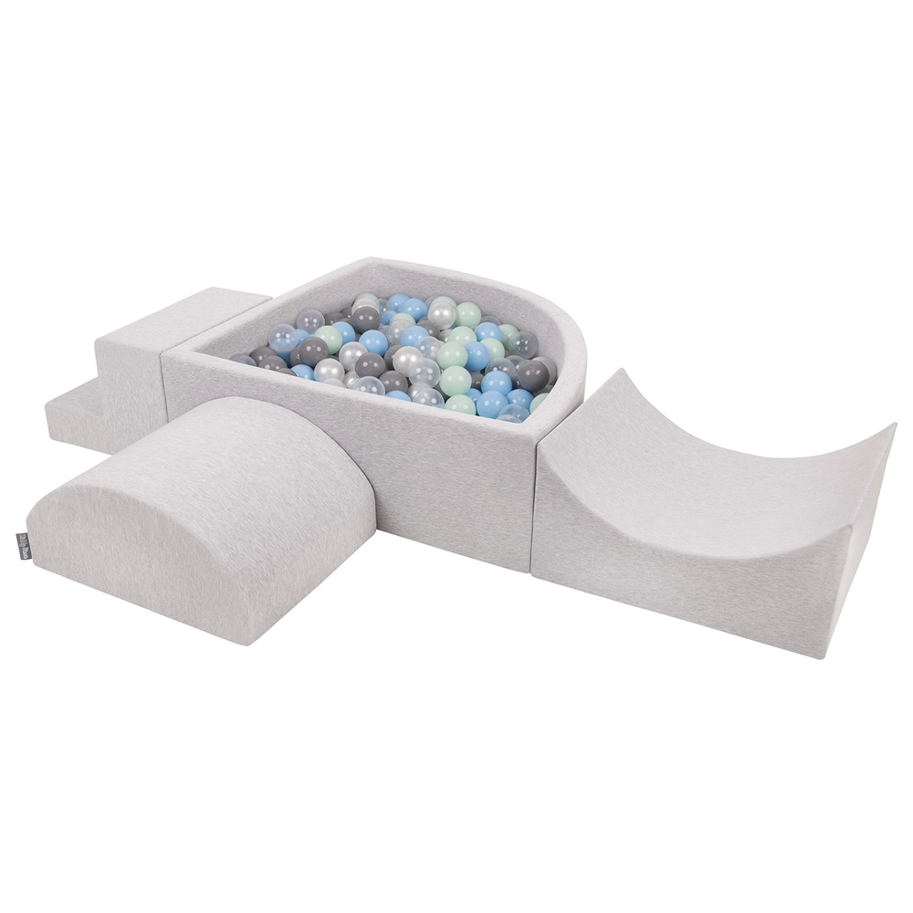 Aire De Jeux KiddyMoon – Carré Piscine à Balles 900x900x300 Mm – 300 Balles – Bleu/blanc/gris