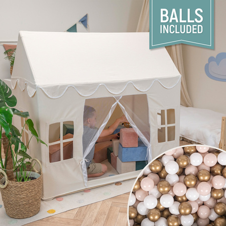 KiddyMoon Tente de Jeu Pour Enfants Maison De Jeu Pliable Tente Enfant Espace Créatif Pour Enfants Coin Douillet Idéal Pour Jouer À L’Intérieur Et À L’Extérieur, naturel: beige pastel/blanc/or, 200 Balles