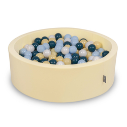 KiddyMoon Piscine À Balles ∅ 7Cm pour Bébé Rond Fabriqué en UE, beurré: turquoise foncé/bleu pastel/jaune pastel/blanc, 90x30cm/300 Balles