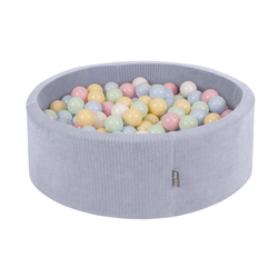 KiddyMoon Piscine À Balles pour Enfants Mousse Côtelé Pour Motricité Bébé, Gris foncé : bleu pastel/jaune pastel/blanc/menthe/rose poudré, 90x30cm/200 balles
