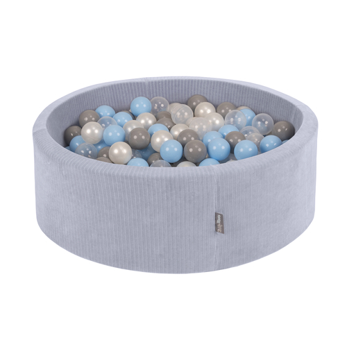 KiddyMoon Piscine À Balles pour Enfants Mousse Côtelé Pour Motricité Bébé, Gris foncé : perle/gris/transparent/babyblue, 90x30cm/200 Balles