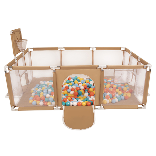 Parc Bébé avec Balles Plastiques Aire De Jeu Pliable Basket Football, beige : blanc/jaune/orange/babyblue/turquoise, 100 balles