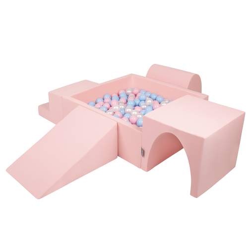KiddyMoon Aire De Jeux en Mousse avec Carré Piscine À Balles pour Enfants, rose:babyblue/rose poudre/perle, Piscine (300 Balles) + Version 3
