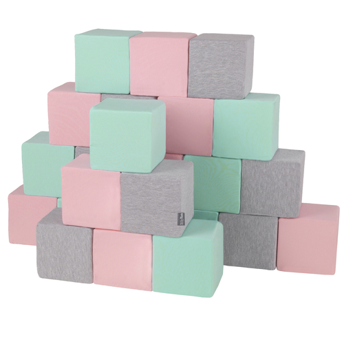 KiddyMoon Blocs Souples Jouets pour Bébé Mousse Squeeze Jouer Jouet Éducatif, cubes: gris clair/rose/menthe, 24 Pieces