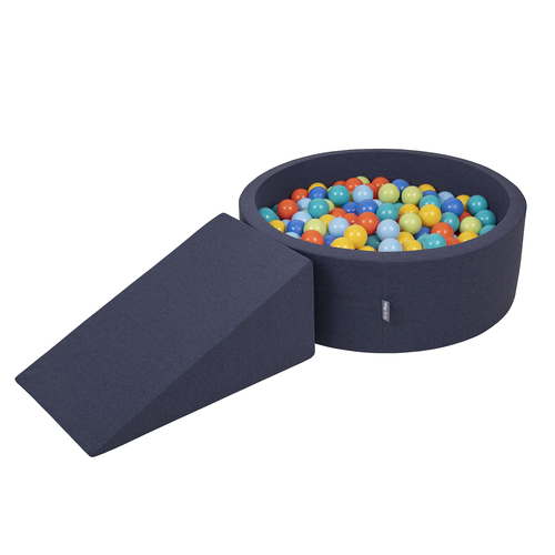 KiddyMoon Aire De Jeux en Mousse avec Rond Piscine à Balles pour Enfants, bleu foncé:vertClr/orange/turq/bleu/babybl/jaune, Piscine (200 Balles) + Pente