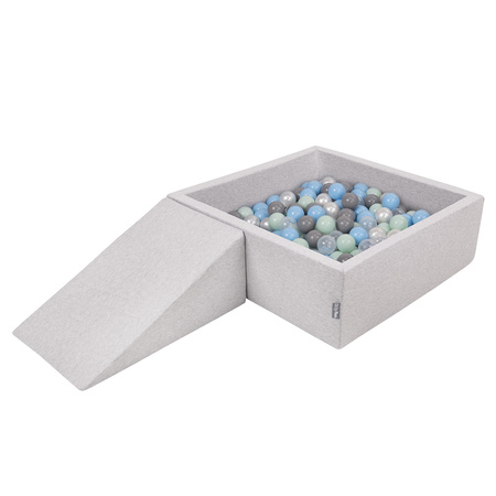 KiddyMoon Aire De Jeux en Mousse avec Carré Piscine À Balles pour Enfants, gris clair: perle/gris/transparent/babyblue/menthe, Piscine (200 Balles) + Pente