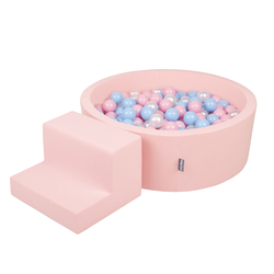 KiddyMoon Aire De Jeux en Mousse avec Rond Piscine à Balles pour Enfants, rose:babyblue/rose poudre/perle, Piscine (100 Balles) + Marches
