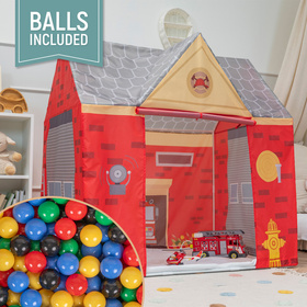 Tente De Jeu Pompier pour Enfants Forme De Pavillon Pour Bébés Design Pliable Tente Pop-Up Réaliste Inspiré Utilisation Intérieure Et Extérieure, rouge-gris: noir/jaune/bleu/rouge/vert, 200 Balles